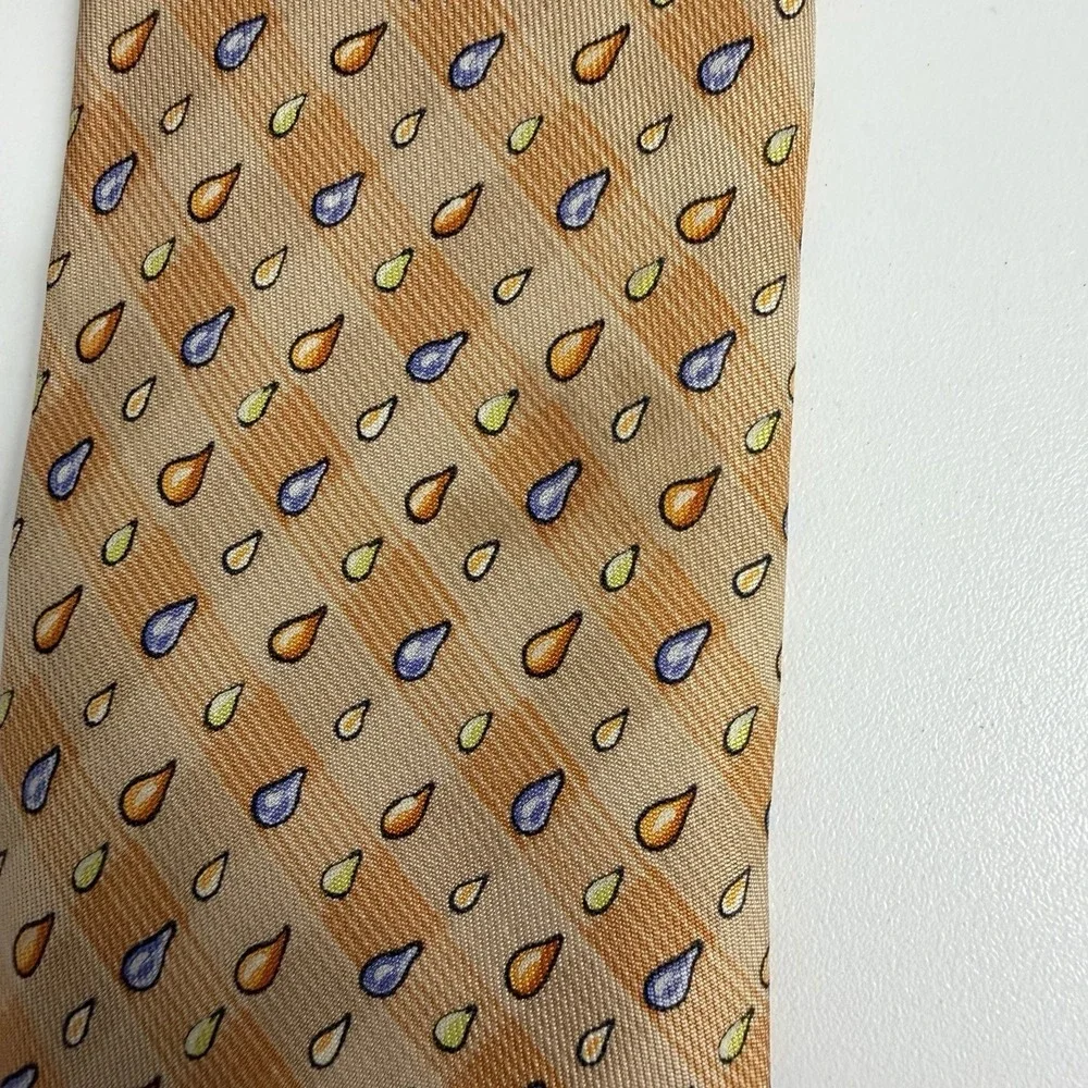 Hermes Mens Tie Rain Drops Orange 100% Satin Silk 7907 MA 3.5